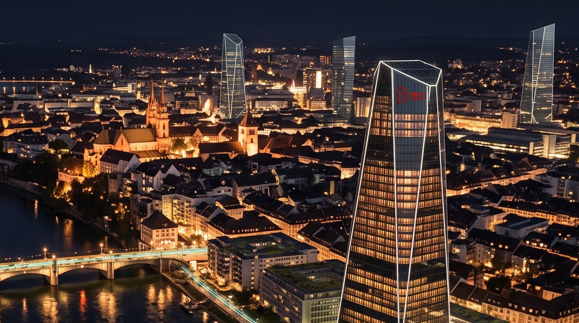 Symbolbild: futuristischer Turm am Rhein in Basel bei Nacht, KI-generiert